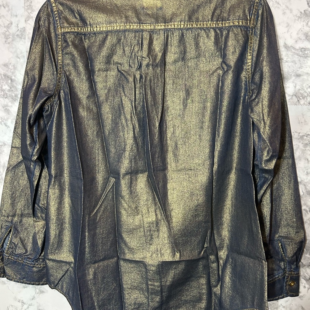 Chico's Denim Chambray Gold Shimmer Button Down Shirt Chicos Sz 0 Small 9 - Picture 3 of 9